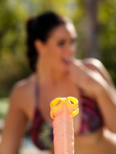 Buxom big titted pornstar Alison Tyler om hot bikini toying her dildo outdoors