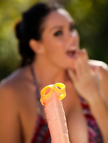 Buxom big titted pornstar Alison Tyler om hot bikini toying her dildo outdoors